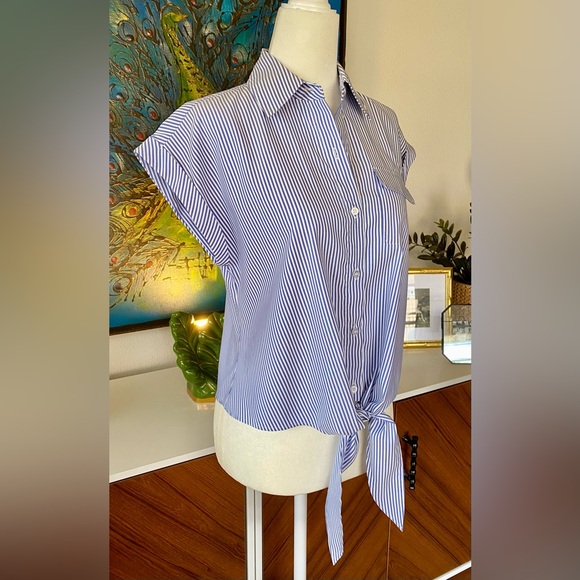 ANTONIO MELANI Poplin Front Tie Button Down Blouse | Blue White Stripe | Size XS - Picture 4 of 7